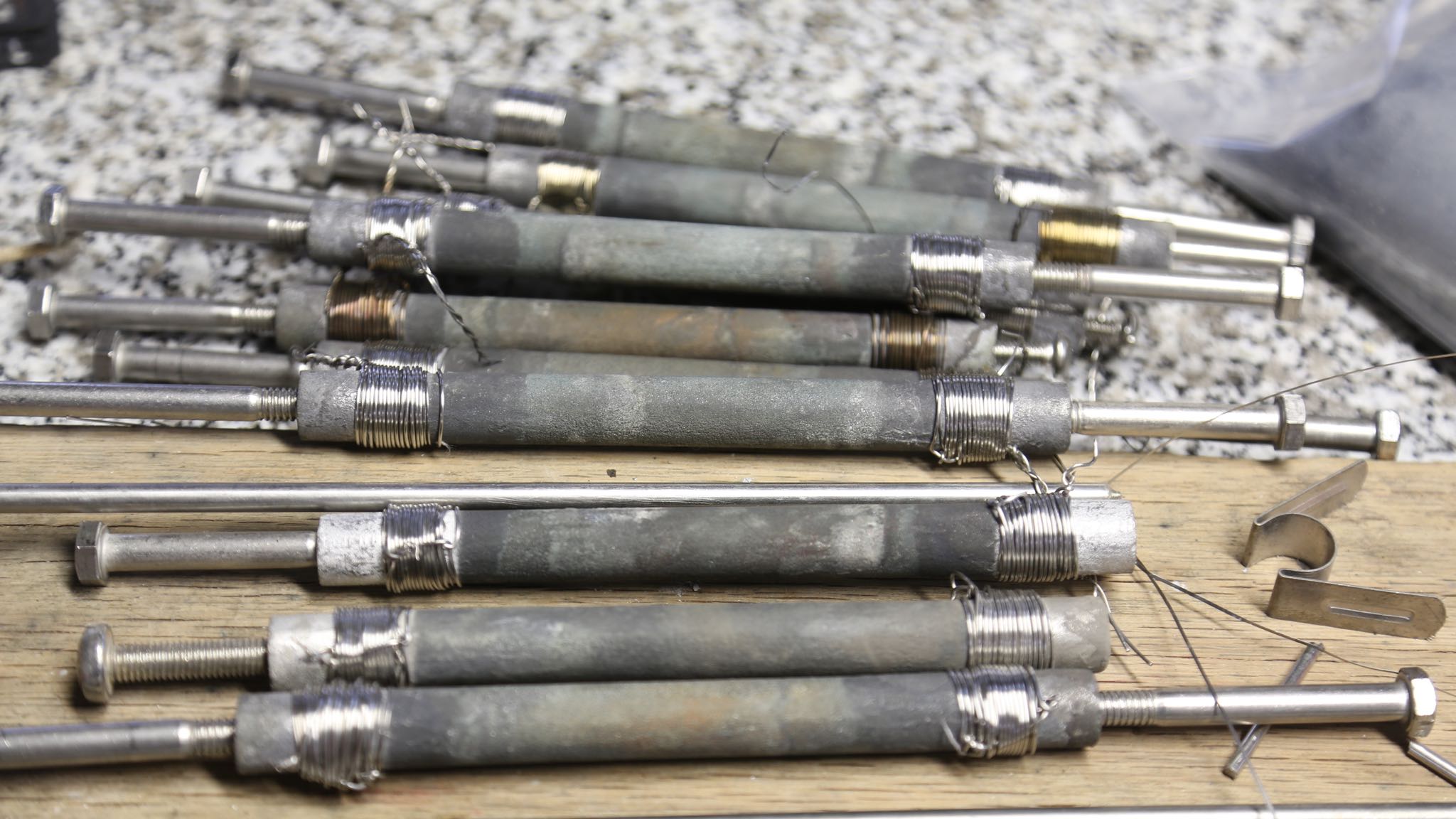 Lots of stainless steel bolts to cut, mill, drill and connect. We also used over 30 yards of stainless steel to "reinforce" the cold ends (the better the cold ends conduct the less heat they produce).